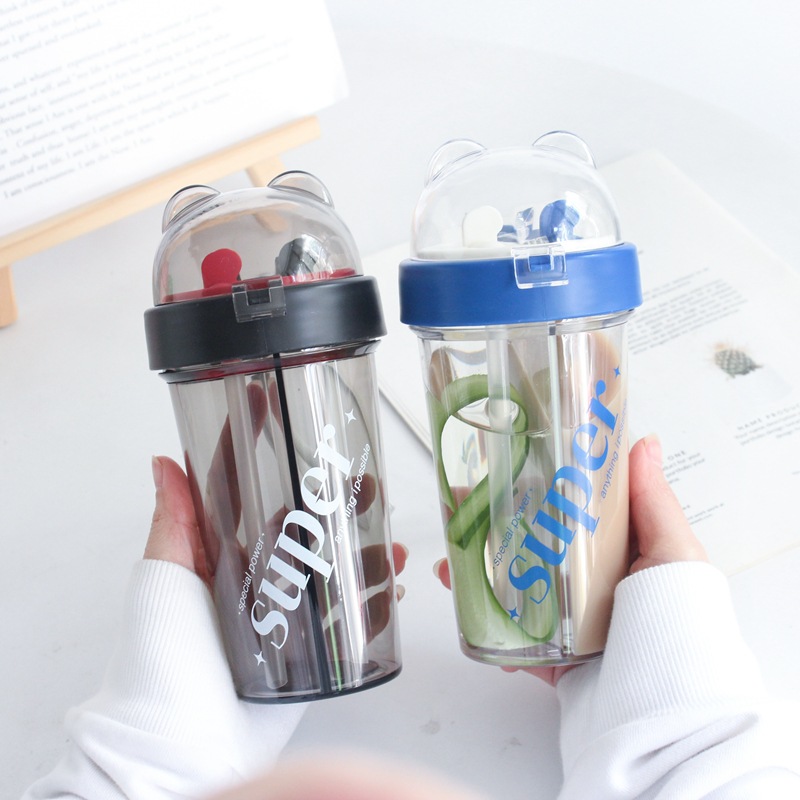 Double Drink Cup with Straw Boys and Girls Cute Rabbit Celesta Good-looking Plastic Water Cup Children Portable Internet Celebrity Cup Wholesale