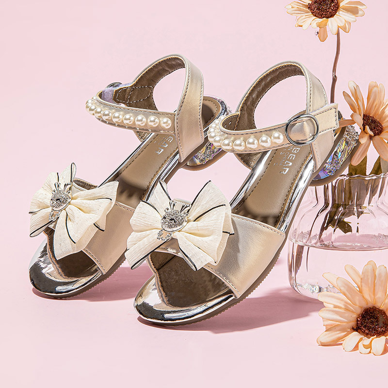 hobibear女童凉鞋夏季儿童魔术贴凉鞋中大童蝴蝶结软底公主鞋代发