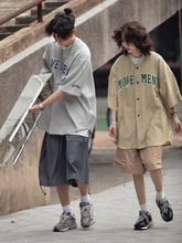 日系复古夏季短袖衬衫男宽松小众设计叠穿半袖衬衣ins情侣外套潮