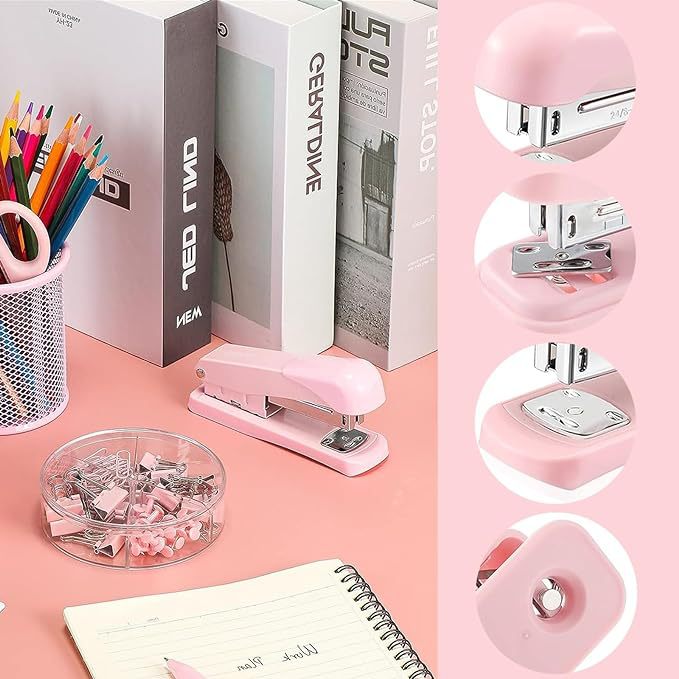 Cross-Border Direct Supply Pink Desktop Office Supplies Punching Machine Stapler Paper Clip I-Shaped Nail Scissors Stationery Set