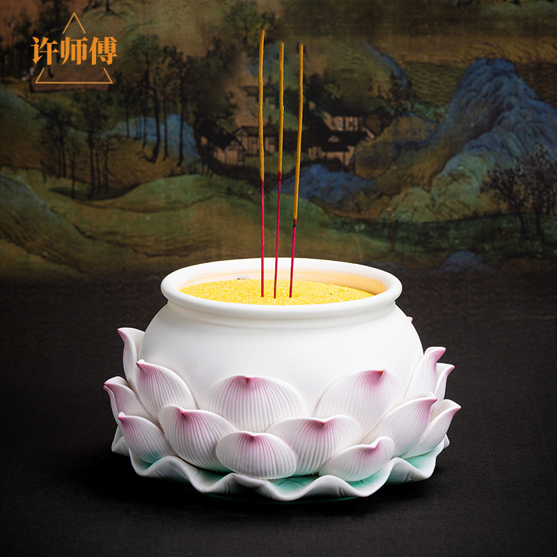 陶瓷莲花香炉佛前供奉上香家用室内供佛插香佛具装饰品香炉摆件