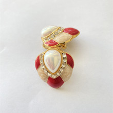 法式中古董彩色珍珠不规则几何镶钻花边红色新娘耳夹 无耳洞晚宴