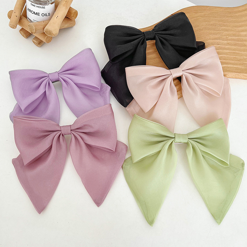 Dongdaemun New Fresh Mesh Barrettes Bright Silk Bow Spring Clip Temperament Wild Solid Color Hair Accessories Wholesale