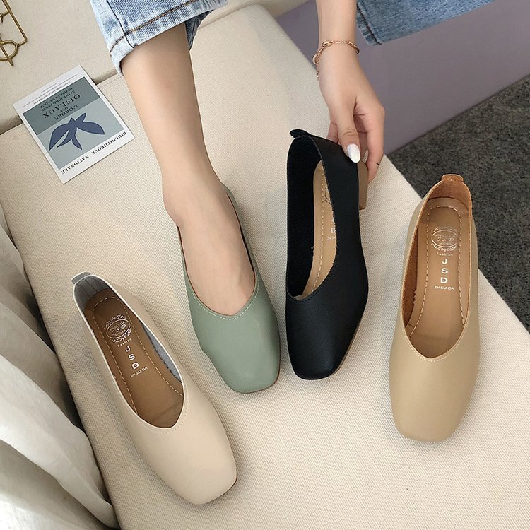 2023 Spring New Square Toe Low-Cut Chunky Heel Pumps Low Heel Leather Women's Shoes Soft Leather Black Work Shoes Wholesale