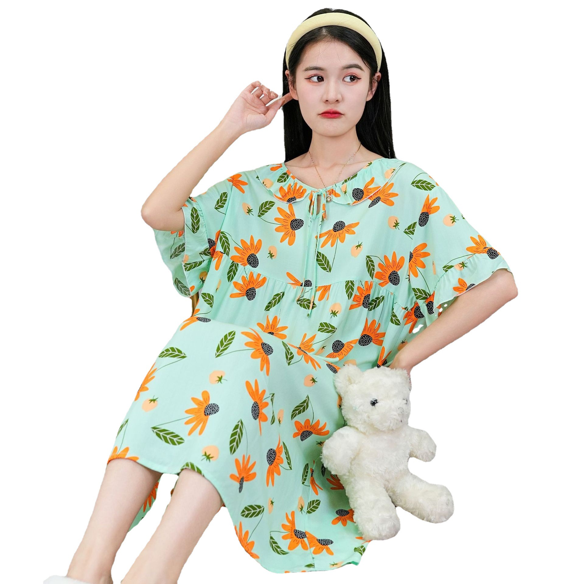 Spring Summer Cotton Silk Nightdress Women's New Sweet Cute Style Home Wear Can Be Worn outside Large Size Printed Ruffled Pajamas