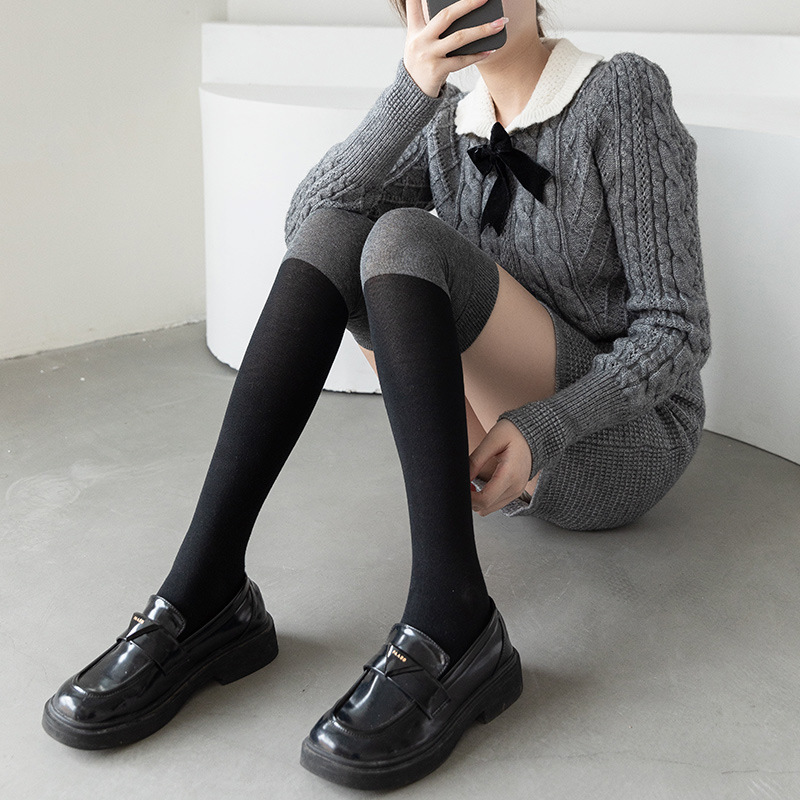 杨幂同款纯色袜子长筒女小腿袜过膝袜黑深灰拼色街头潮ins袜子女