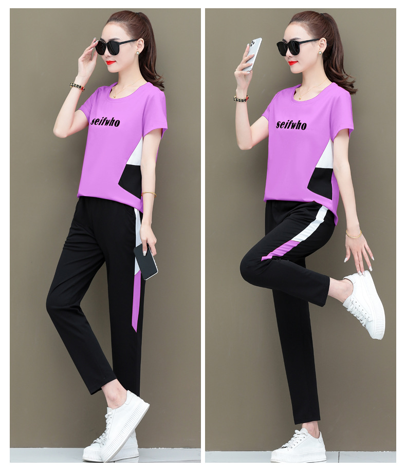 运动套装女夏季2021新款韩版时尚洋气百搭短袖长裤女士休闲两件套