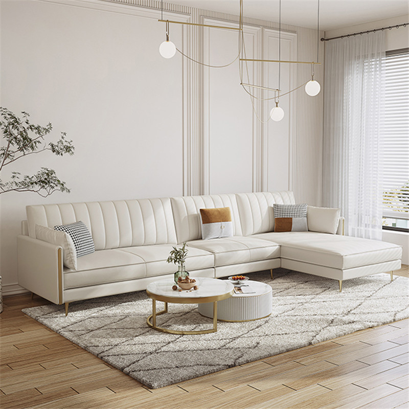 科技皮沙发转角米白色客厅家具设计师北欧简约轻奢真皮贵妃沙发