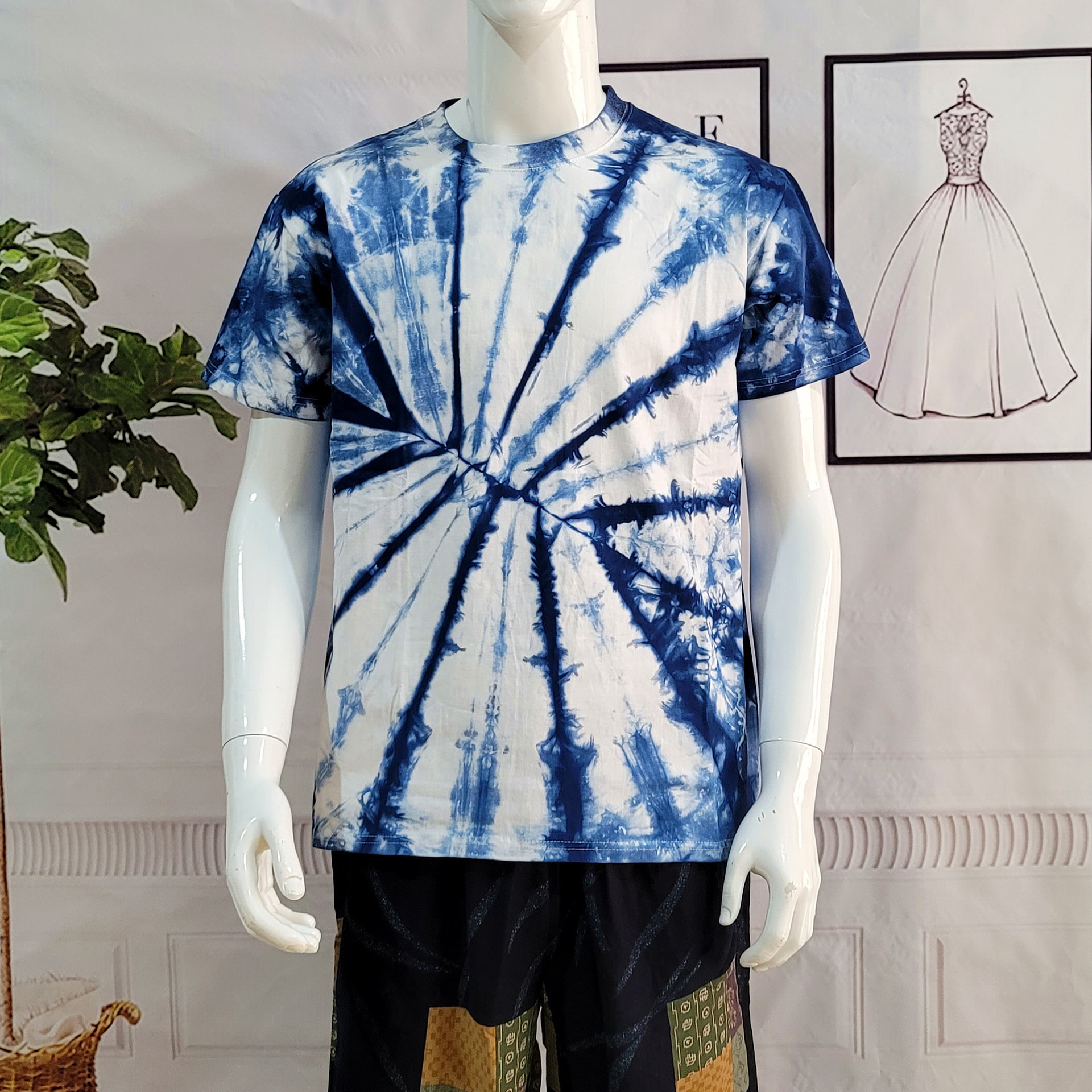 扎染t恤 男女同款 大理白族人工扎染草木染蓝染 棉短袖