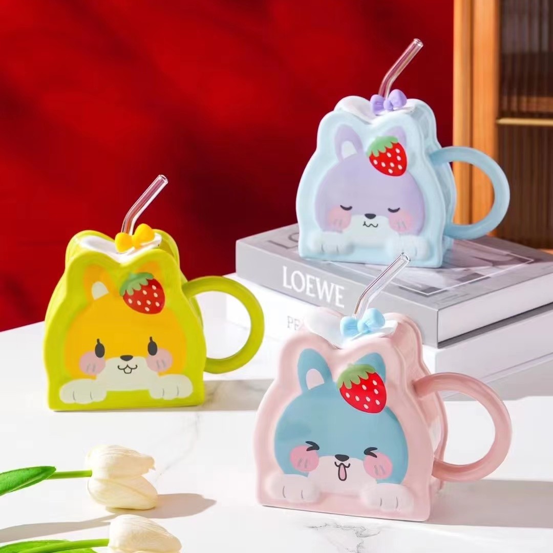 three-dimensional cartoon cute student ceramic straw cup cute strawberry rabbit mug girl office cup
