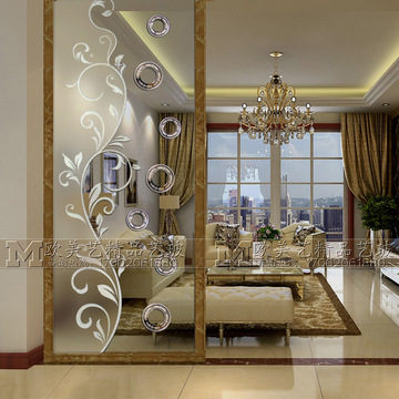 艺术玻璃装饰屏风隔断鞋柜移门过道玄关深雕磨砂局部透明镜花缘e