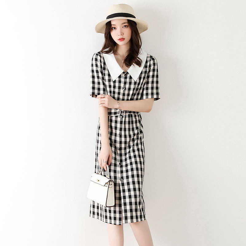实拍 格子连衣裙女夏季法式显瘦收腰中长款气质复古方领格纹裙子