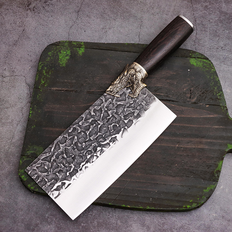 龙泉锻打刀锤纹木柄手工菜刀家用厨房不绣钢砍骨刀厨师锋利切片刀