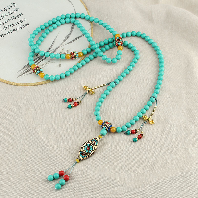 Nepal Imitation Turquoise Long National Style Oblique Necklace Chinese Tassel Multi-Circle Beaded Necklace Back Chain Vintage Accessories