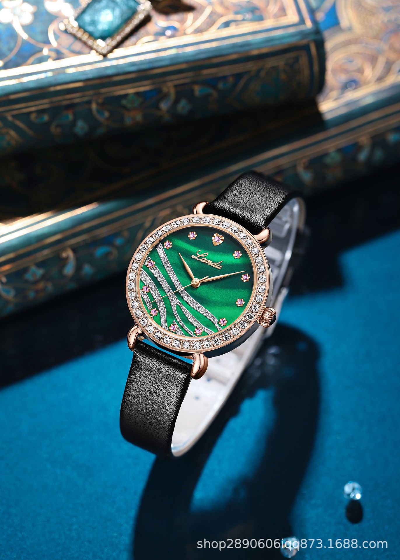 抖音爆新款兰度品牌厂家一件代发手表热销真皮镶钻石英女士手表女