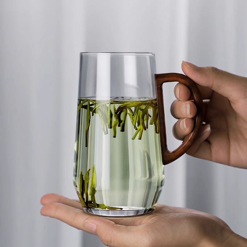 日式茶杯泡绿茶专用玻璃杯毛尖龙井冲泡杯子带把手办公室个人水杯