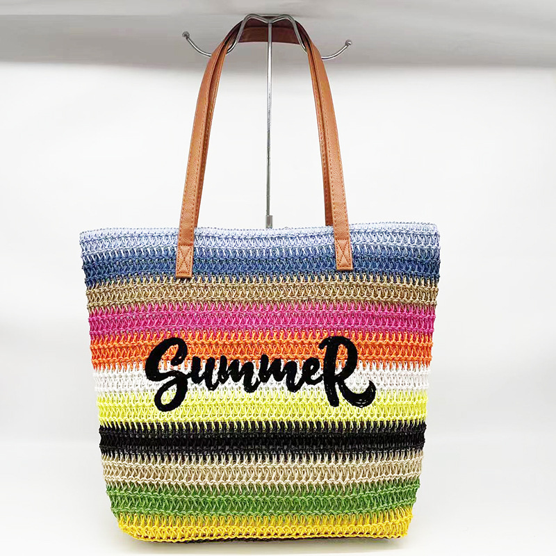 New Straw Bag Women's Large-Capacity Shopping Bags Striped Letters Beach Bag Foreign Trade Handbag Factory Wholesale