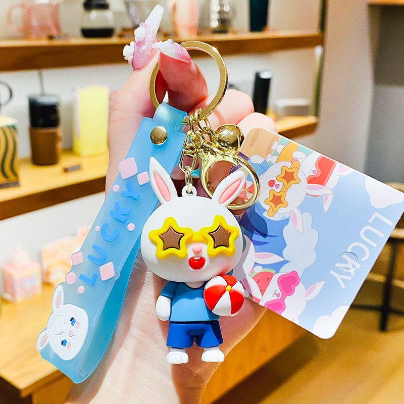 Genuine Creative Cartoon Summer Bunny Cute Pendant Car Keychain Schoolbag Pendant Couple Small Gifts Wholesale