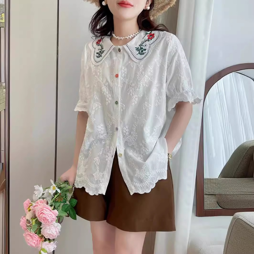 森系重工刺绣娃娃领棉衬衫宽松显瘦木耳花边大翻领小衫女-阿里巴巴