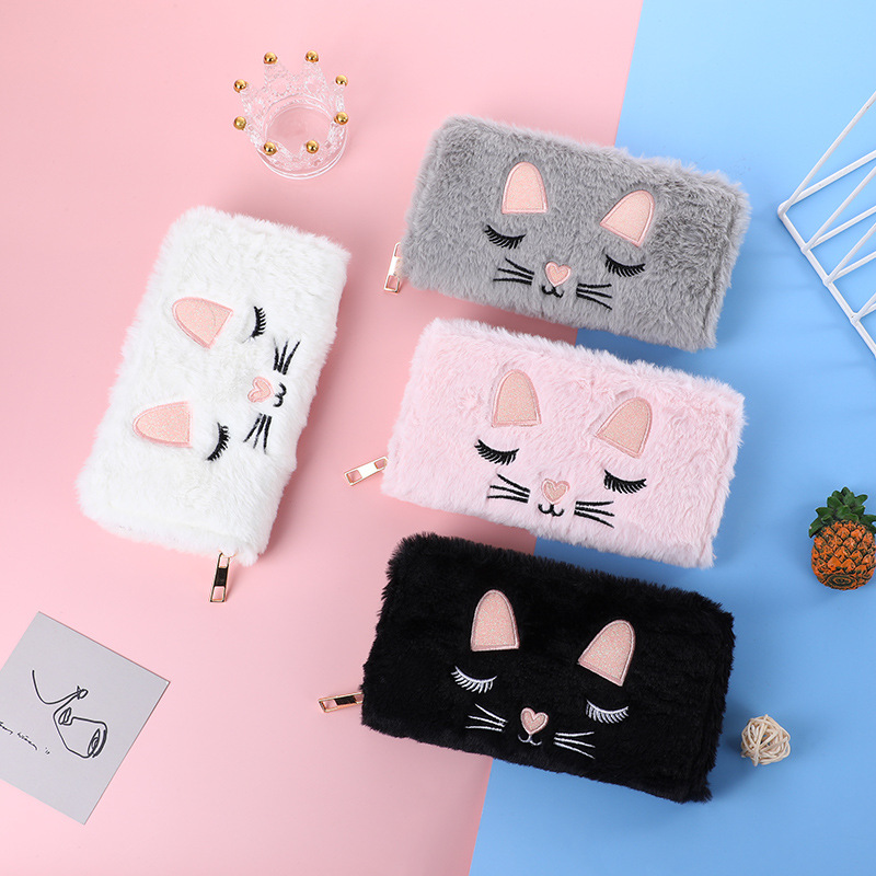 cute cat plush wallet cartoon girl heart clutch net red style women‘s wallet lamb wool multi-interlayer