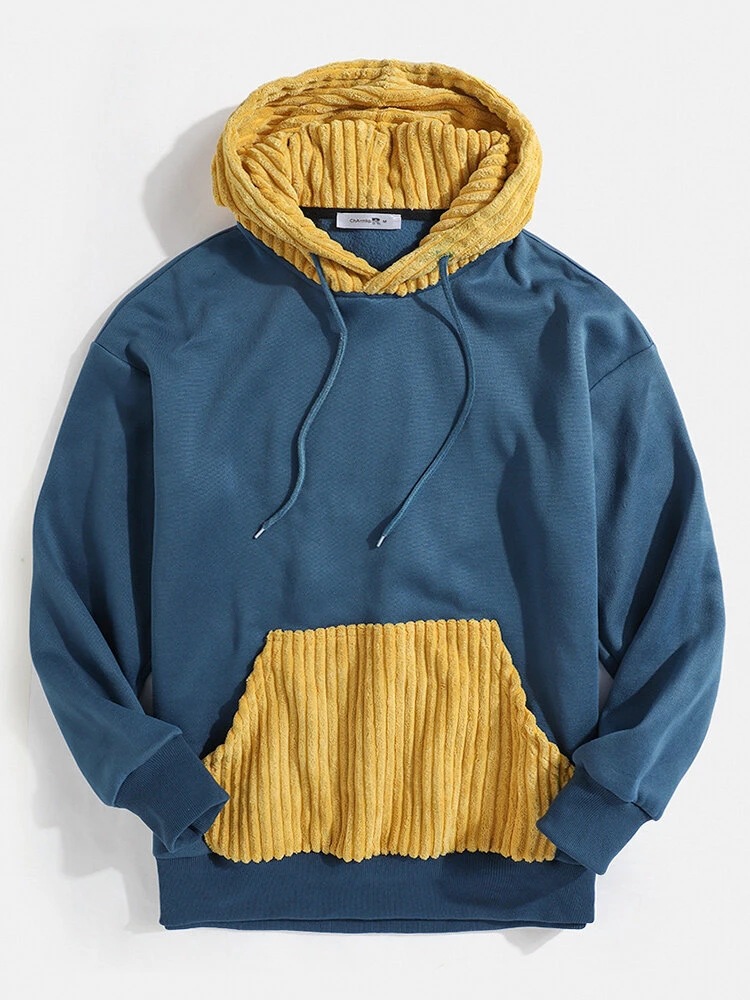 速卖通wish男士加厚长袖卫衣纯色拼布口袋简约抽绳连帽衫