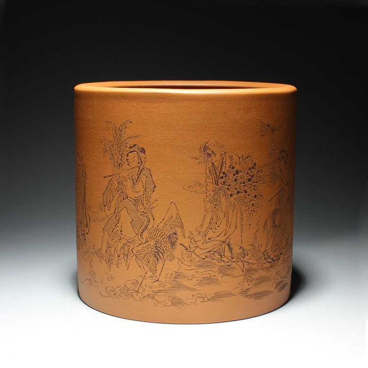 宜兴正品名家 应小青(清) 全手工 刻八仙神通图 紫砂笔筒 收藏