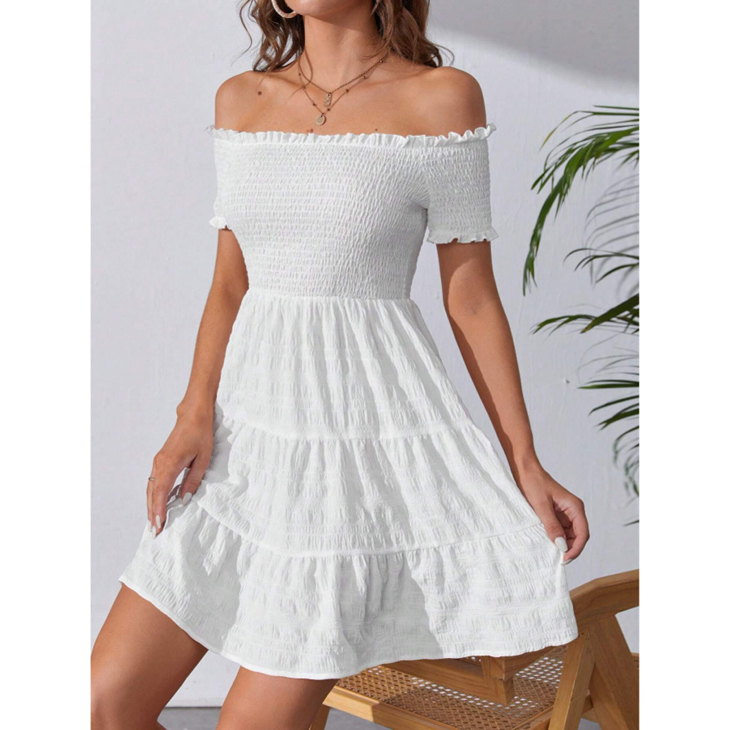 跨境2023年亚马逊欧美女式荷叶边下摆露肩连衣裙-阿里巴巴
