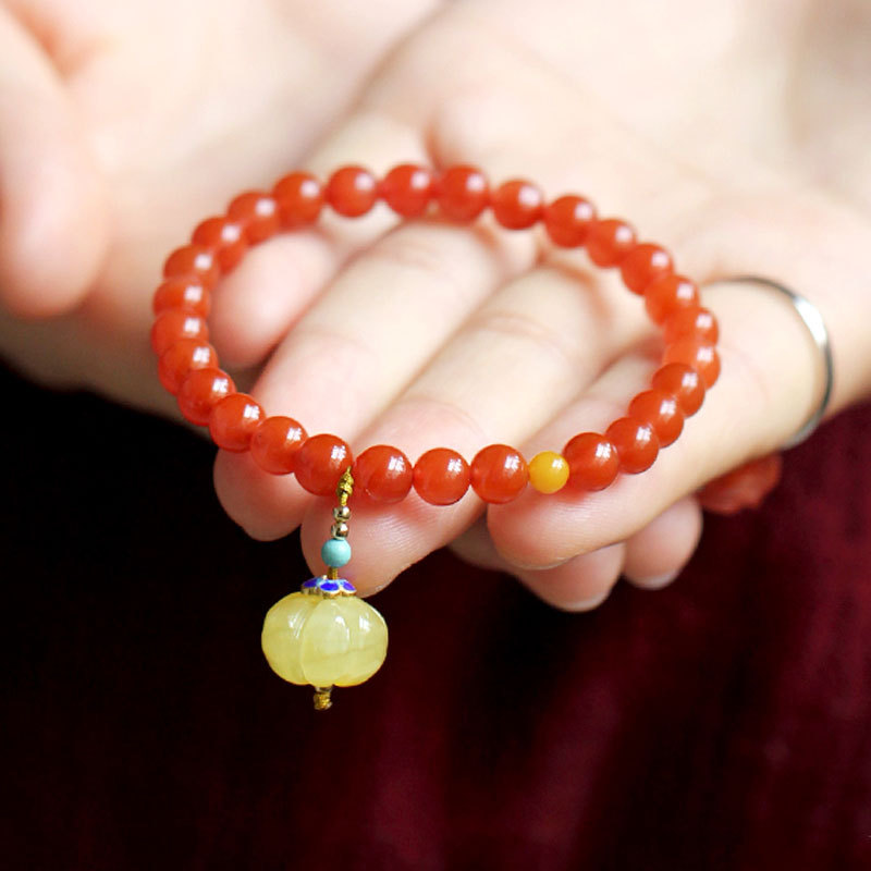凉山樱桃红南红玛瑙手串女天然蜜蜡南瓜配饰古风单圈佛珠手链定