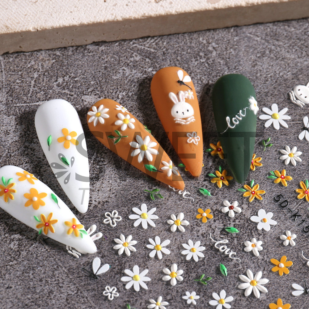 2023 New Nail Beauty Sticker 5d Embossed Nail Sticker Little Daisy Dandelion Cartoon Children's Nail Stickers