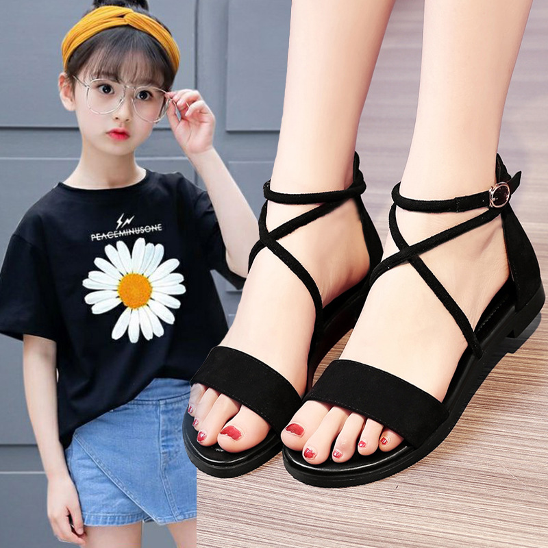 女童凉鞋2022夏季新款小女孩平底儿童鞋黑色罗马一字带软底公主鞋