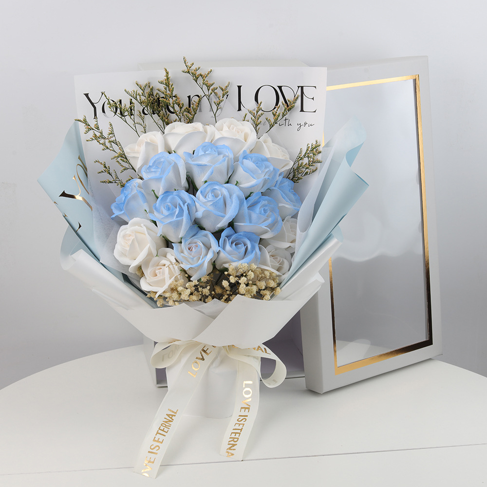 Foreign Trade Valentine's Day Finished Product Ice Crushing Blue Rose Soap Bouquet Gift Box Hand Bouquet Starry Sky Dried Flower Eternal Flower