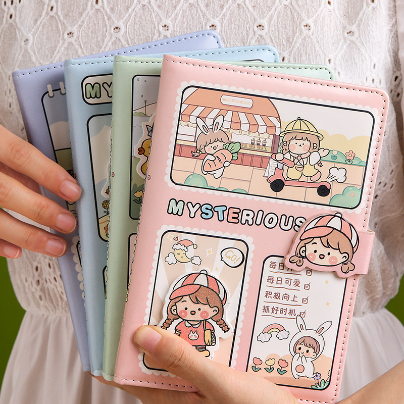 金谷神秘果酱彩页磁扣本少女心卡通手账本可爱笔记本子皮面日记本