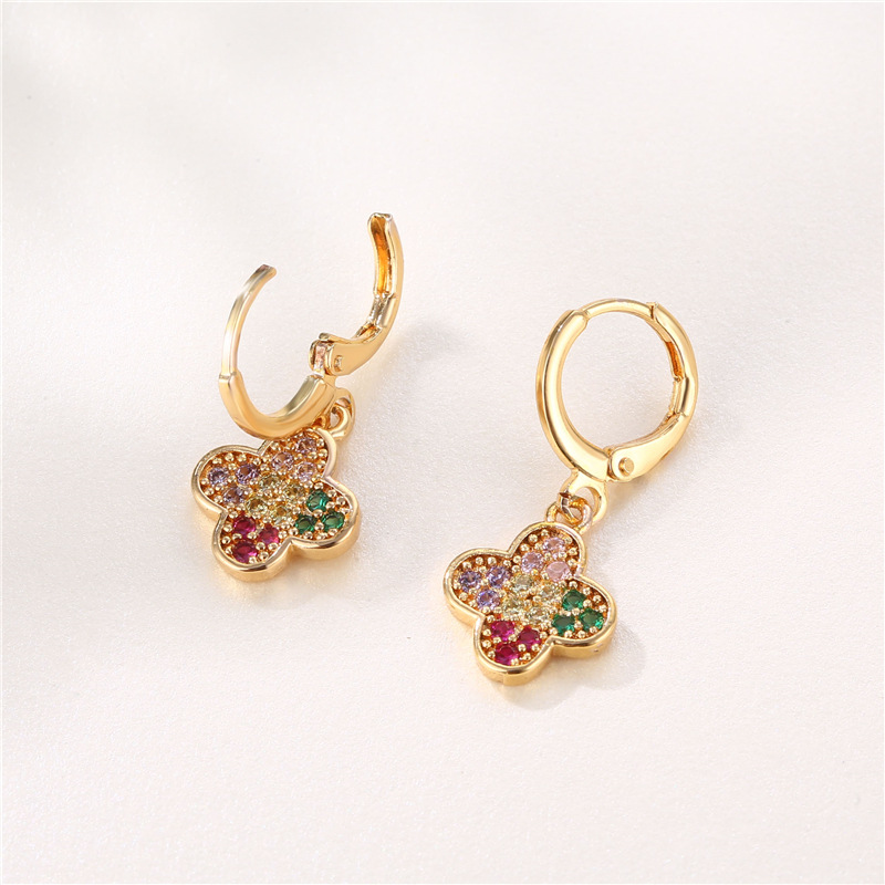 European and American Elegant Color Clover Eardrop Gold-Plated Mixed Color Zircon Clover Earrings Female Cross-Border Sold Jewelry Supply