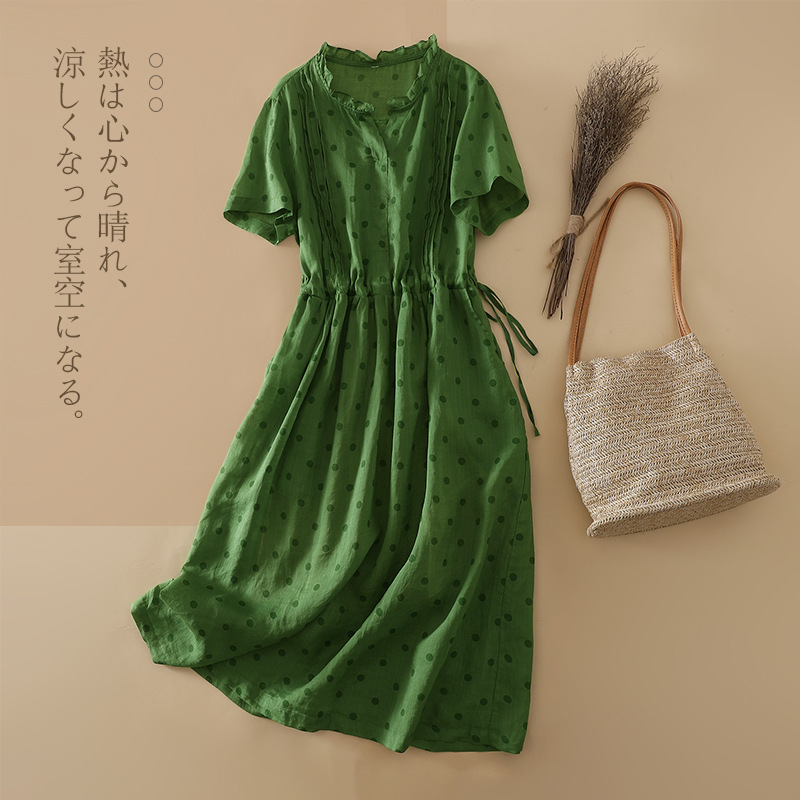 589绿色波点气质纯苎麻连衣裙女士收腰显瘦夏季韩版中长款裙子薄