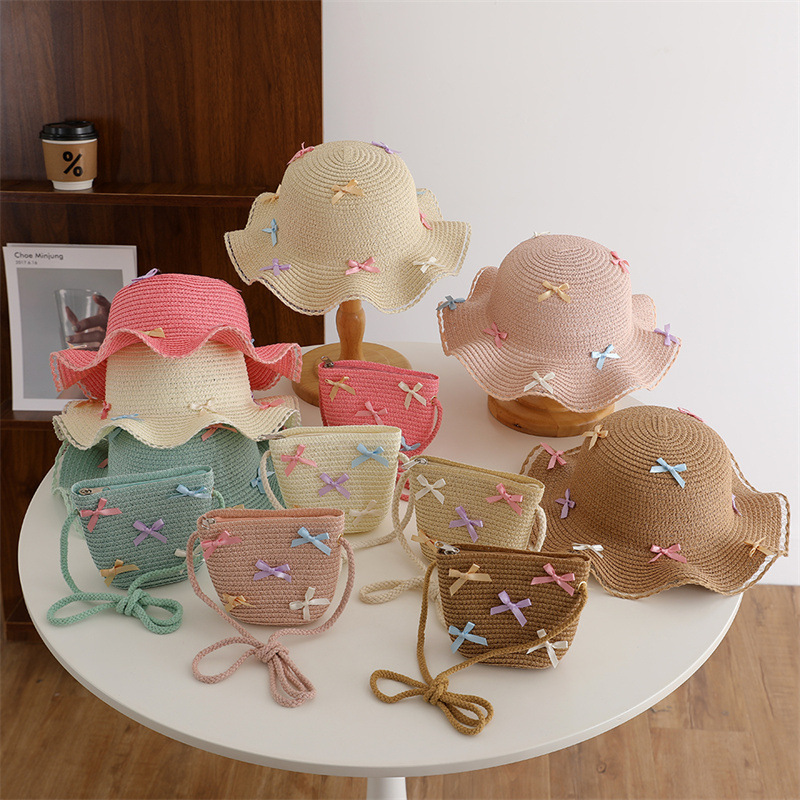 south korea little girls‘ straw hat simple cute colorful bowknot hat bag two-piece set summer sun hat