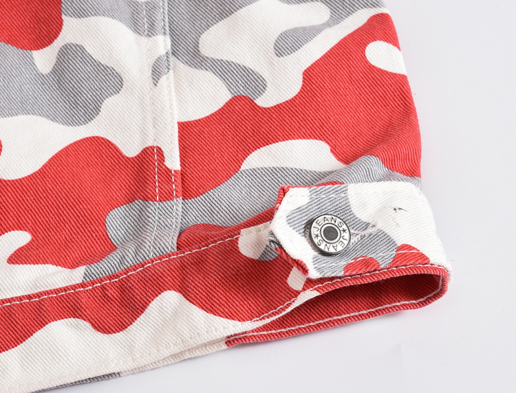 潮牌男士春秋款牛仔外套红色迷彩落肩港风上衣青年宽松休闲夹克