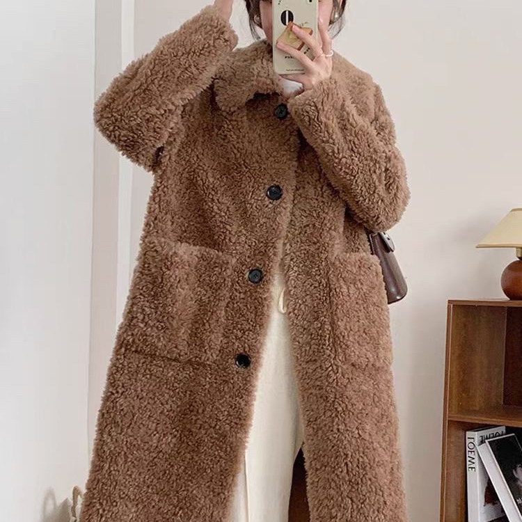 2023冬季新款羊羔毛羊剪绒皮毛一体皮草大衣女中长款外套年轻翻领
