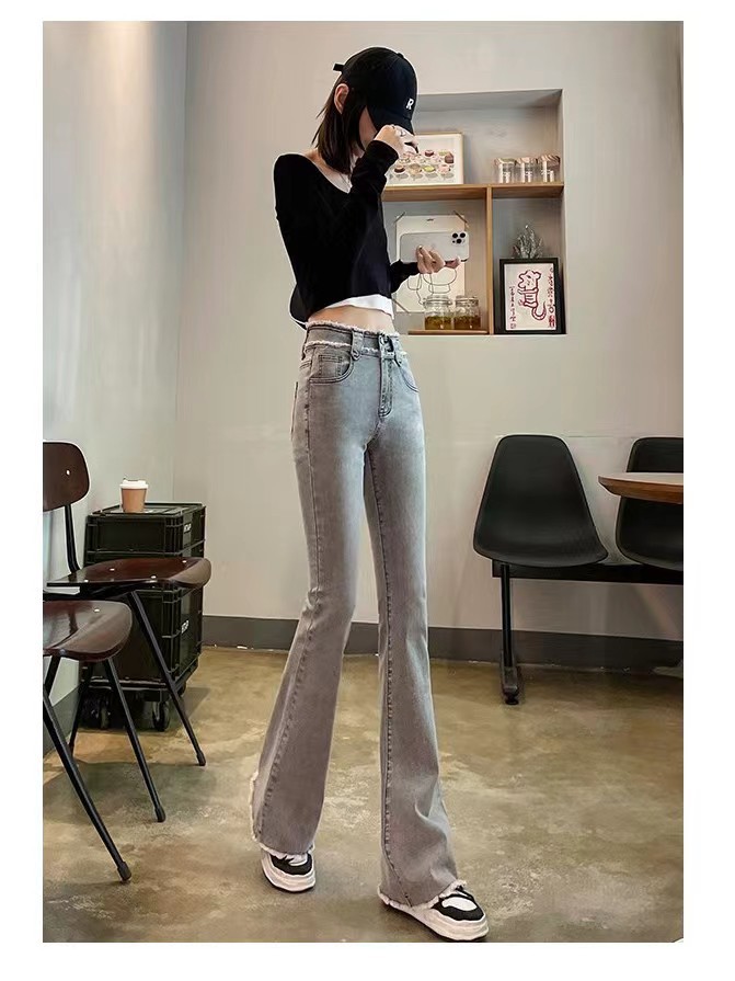 Smoky Gray Skinny Jeans for Women 2023 Summer New Slim Fit Slimming and Fashionable Washed Distressed Flared Pants Trendy