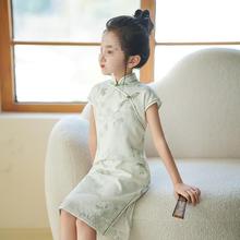 小女孩走秀绿色清新日常古筝演出服中国风连衣裙女童旗袍夏季薄款