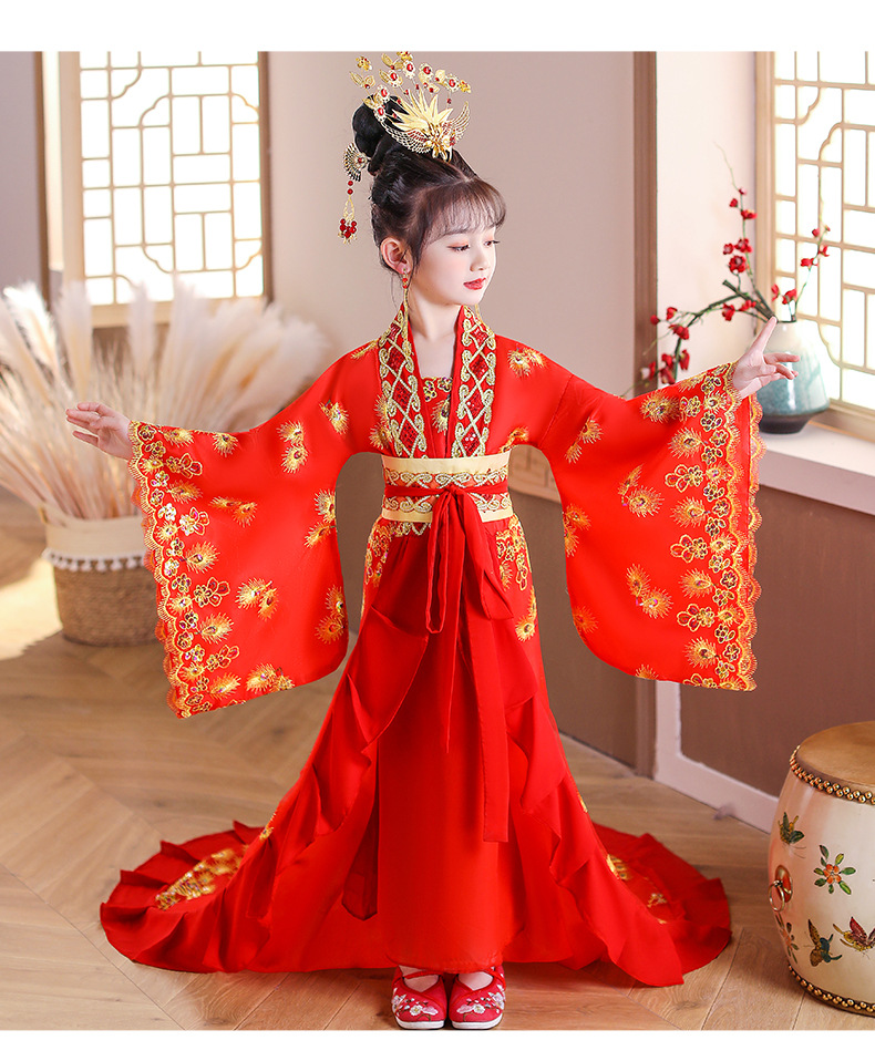 新款女童贵妃拖尾古装儿童汉服唐朝仙女古代公主裙舞台表演出服装