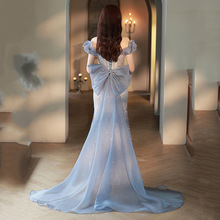 蓝色鱼尾晚礼服裙女2024新款风范轻奢小众跨境感法式敬酒新娘婚纱