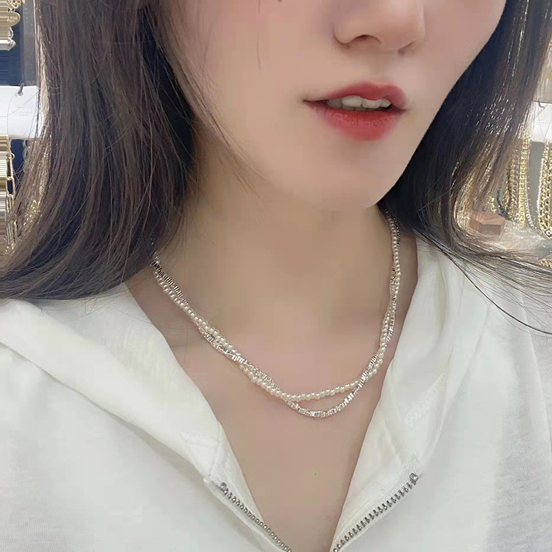 08 Popular Necklace Wholesale Supply Small Pieces of Silver Pearl Double-Layer Necklace Fashion Trending New All-Match Clavicle Chain for Women