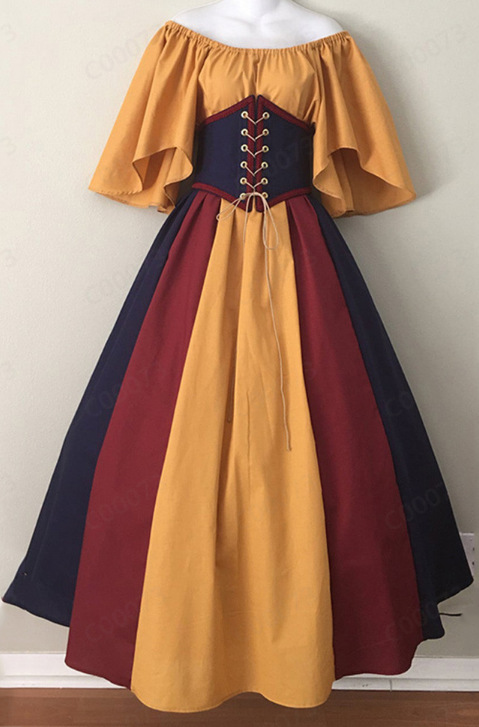 欧美中世纪复古撞色拼接飞袖系带收腰大摆裙一字肩礼服连衣裙女