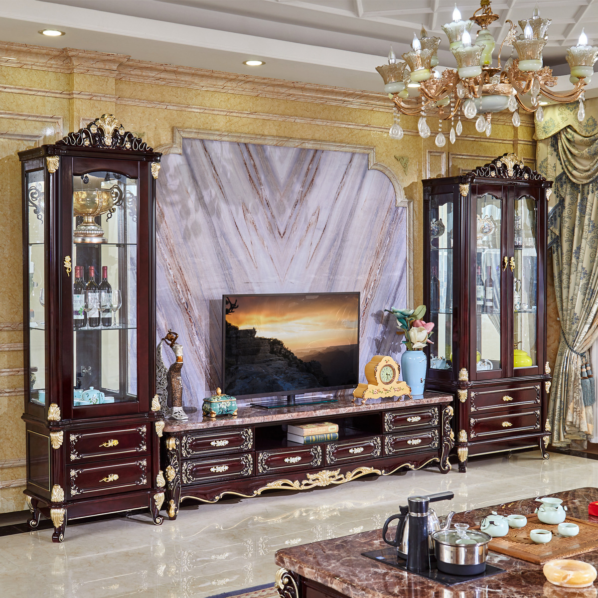 欧式酒柜别墅奢华客厅实木家具红檀色古典雕花门厅装饰柜储物柜