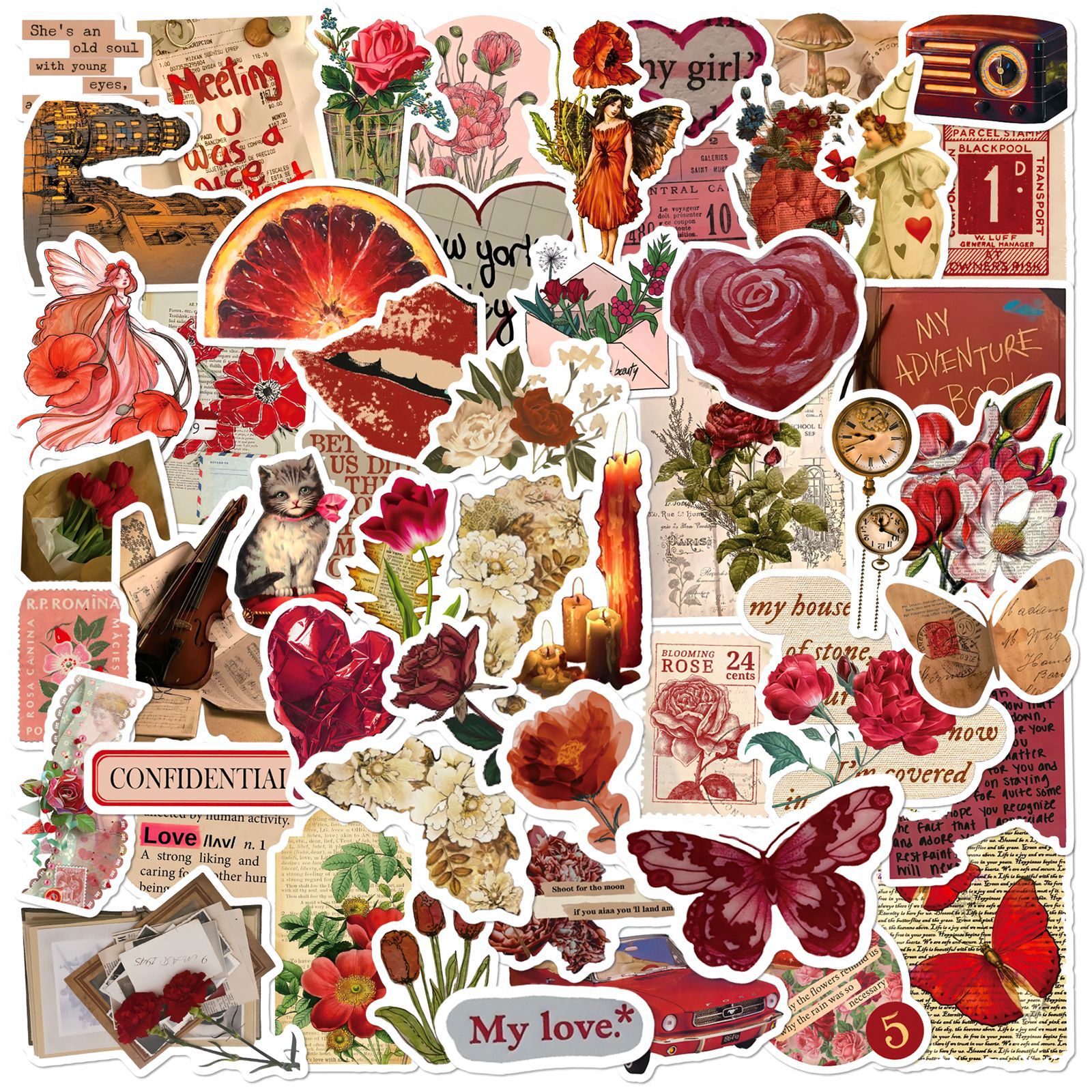 50张红色复古ins风手账素材装饰贴diy拼贴行李箱笔记本防水爆款