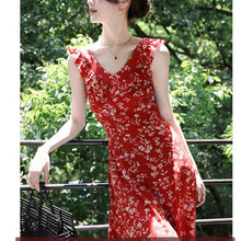 2024年春季【塞西莉亚】夏季气质女神范复古红印花无袖荷叶边连衣
