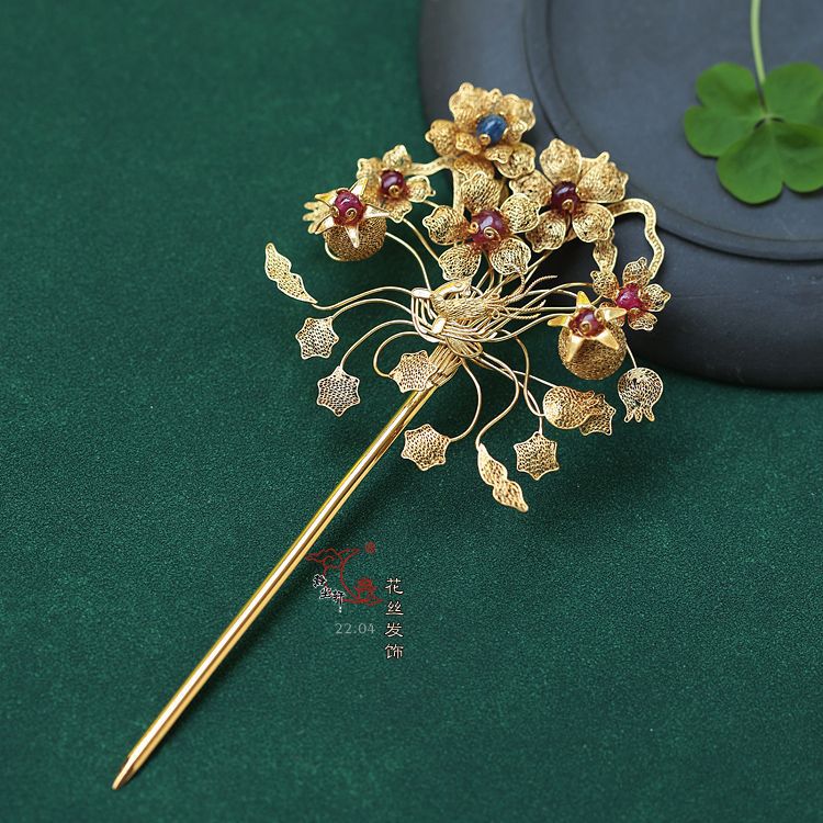 花丝多宝发簪镀金银凤鸟石榴花簪子绚丽多彩发钗送女朋友礼物精品