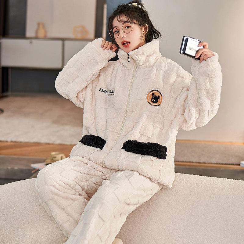 套装加绒保暖女士睡衣 秋冬加绒加厚睡衣女 外穿家居服两件套装