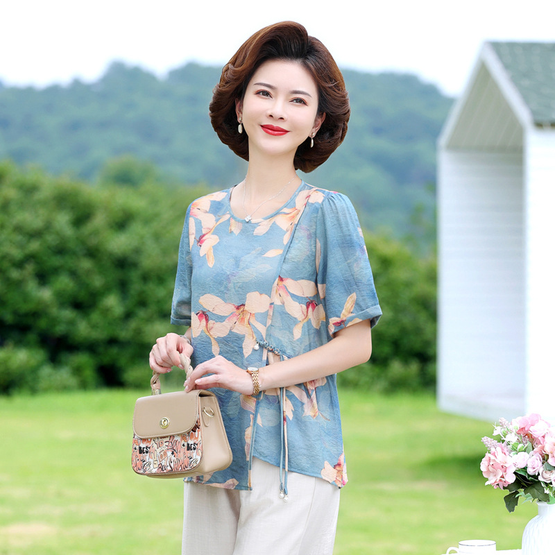 Qiaoyaying Mother's Wear Summer Printing Cotton Linen round-Neck Two-Piece Suit Middle-Aged and Elderly Women's Large Size Leisure Sports Suit