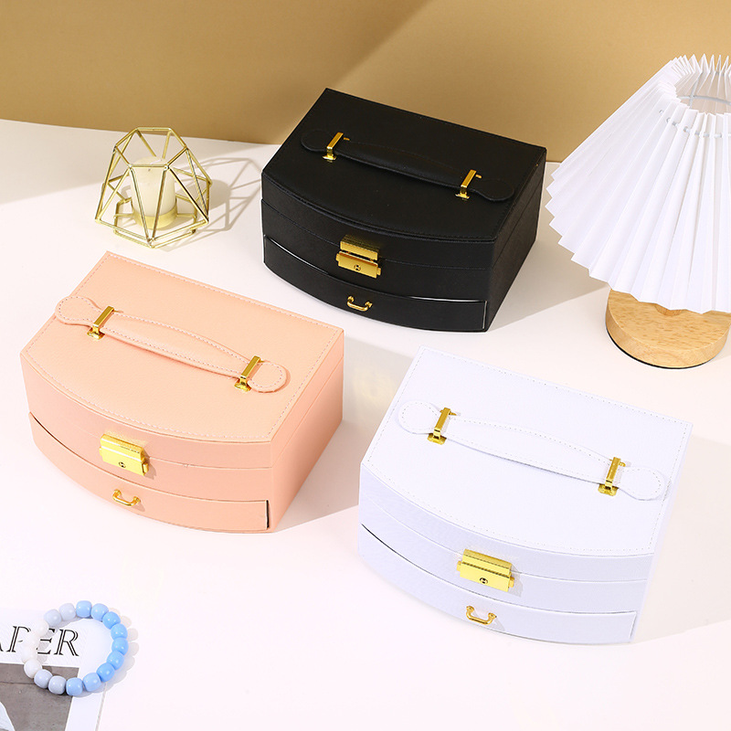 Fan-Shaped Jewelry Box with Lock Double Drawer Children's Jewelry Storage Box Travel Ring Necklace Earrings Jewelry Box